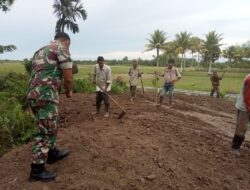 Bersama Warga, Babinsa Kodim 0103/Aceh Utara Gotong Royong Timbun Jalan Menuju TPU.