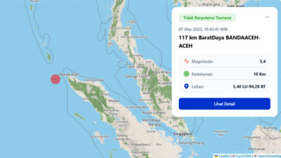 Gempa Magnitudo 5,2 Guncang Barat Daya Sabang, Tidak Berpotensi Tsunami