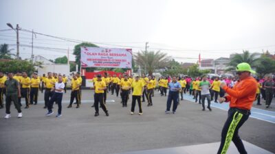 Semarak Hari Bhayangkara ke-79, Polres Lhokseumawe Gelar Olahraga Bersama dan Jalan Santai