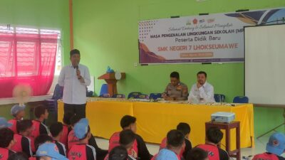 Bhabinkamtias Ajak Siswa SMK Negeri 7 Lhokseumawe Jauhi Narkoba dan Kenakalan Remaja Saat MPLS